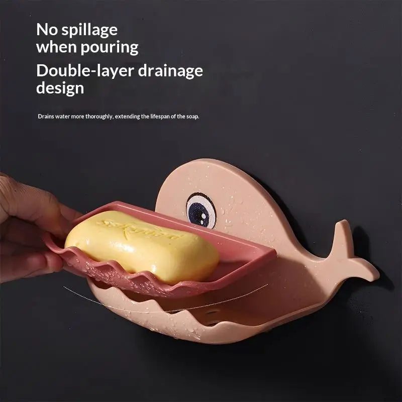 Whale-Shaped No-Drill Adhesive Soap Dish with Drainage