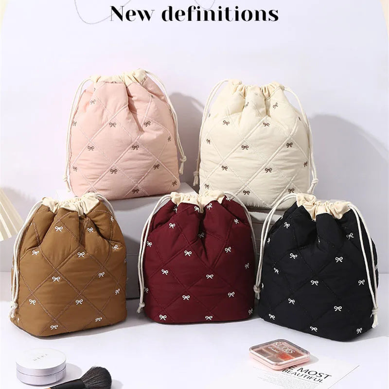 Quilted Drawstring Makeup Bag – Bow Embroidery Travel Organizer