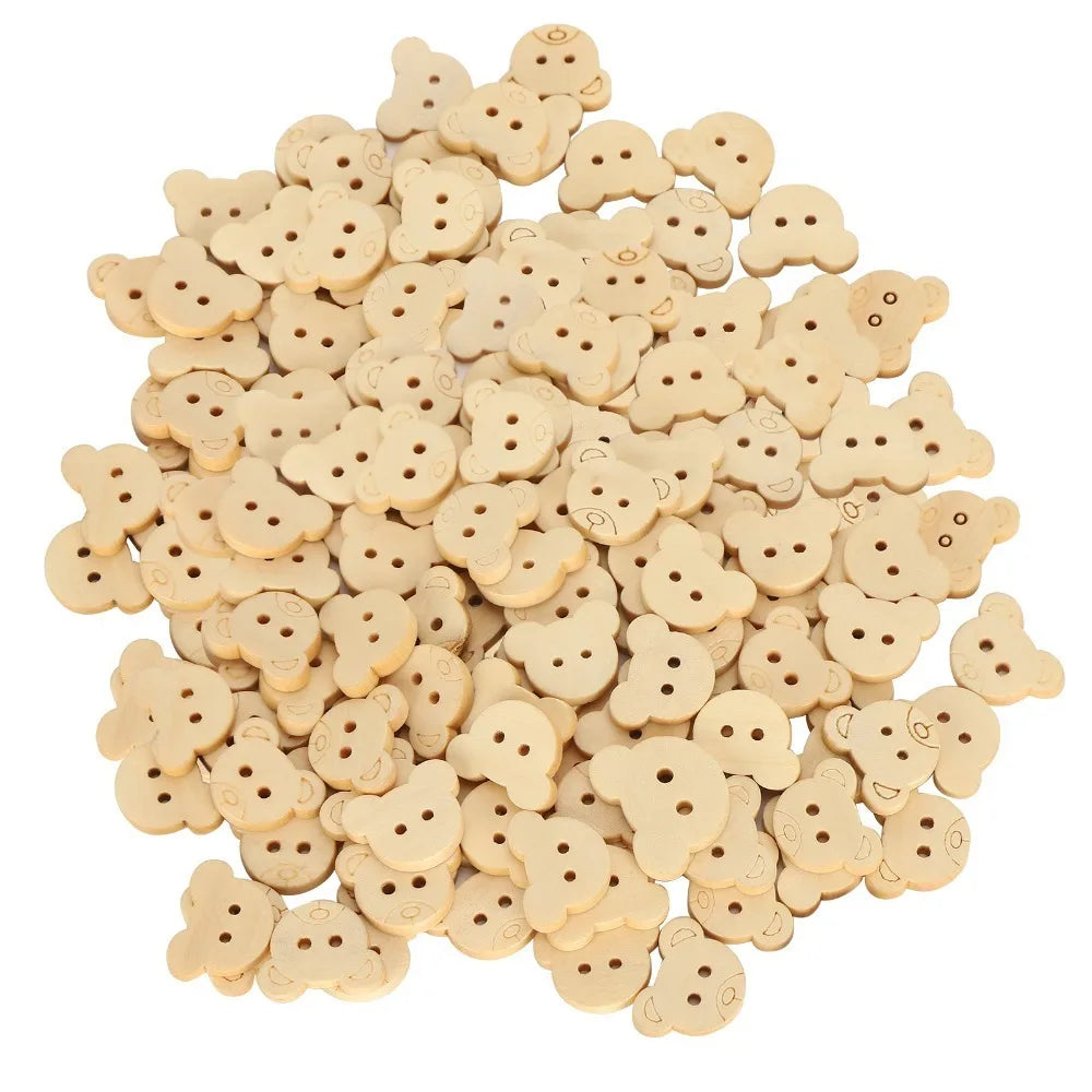 100pcs Wooden Bear Buttons 21mm Natural 2-Hole Sewing Craft