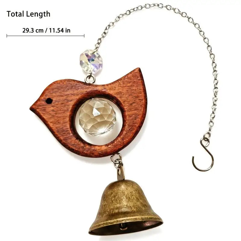 Wooden Fish & Bird Wind Chime – Crystal & Brass Bell Décor
