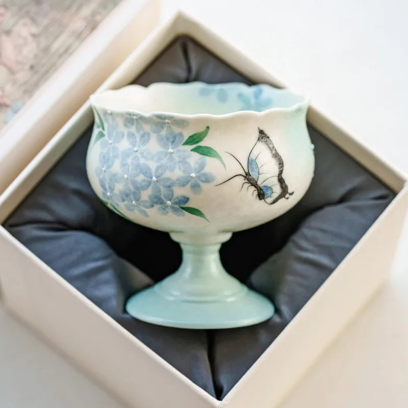 Hand-Drawn Blue Embroidered Butterfly Ceramic Teacup 80ml