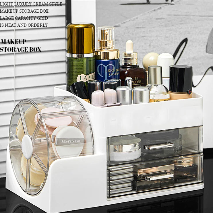 Rotating Desktop Makeup Organizer with Drawers & Shelves