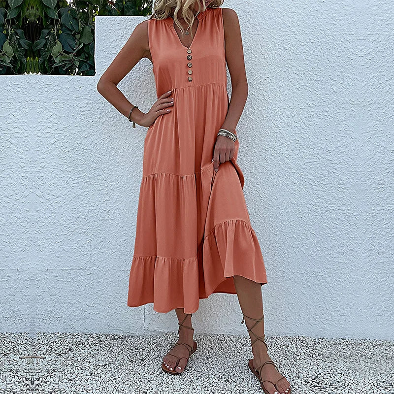Women's Sleeveless V-Neck Ruffle Midi Sundress | SAILASIDIYA