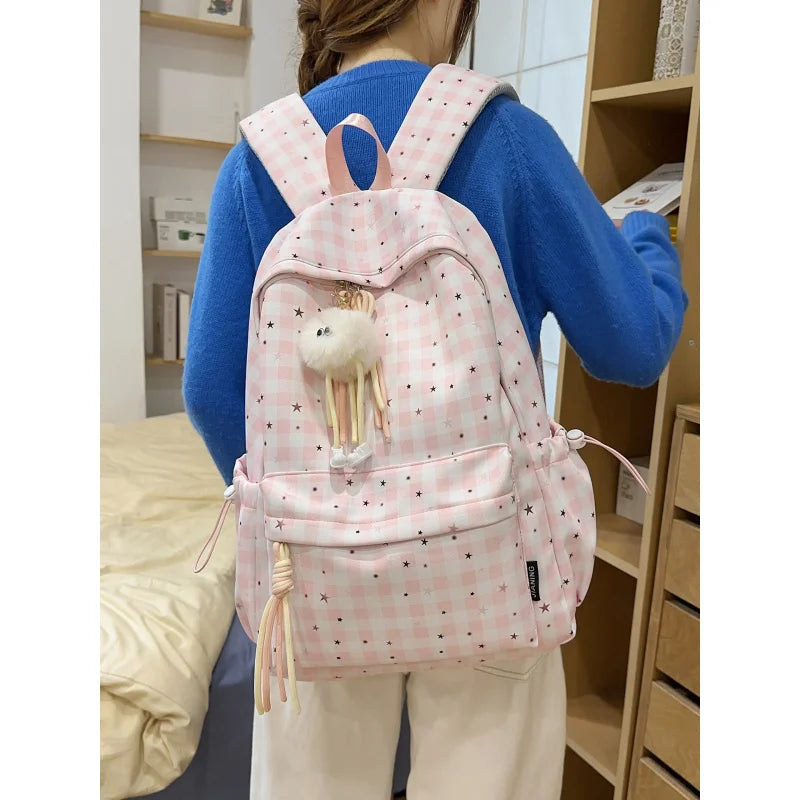 Korean Plaid Backpack – Cute Star Design, Lightweight School Bag