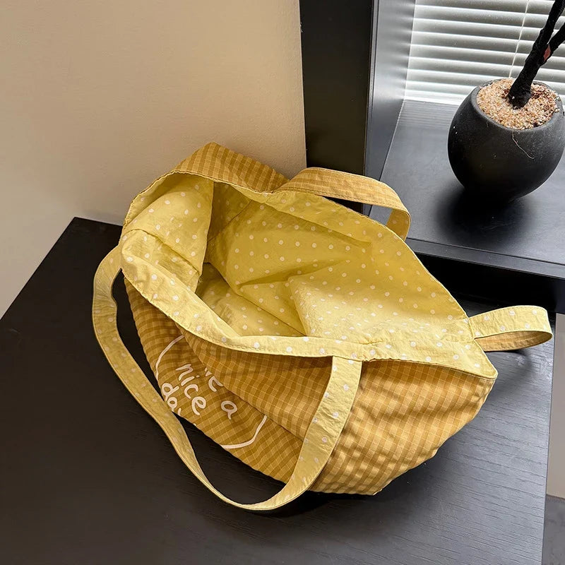 Korean Polka Dot Canvas Tote Bag – Large Shoulder Handbag