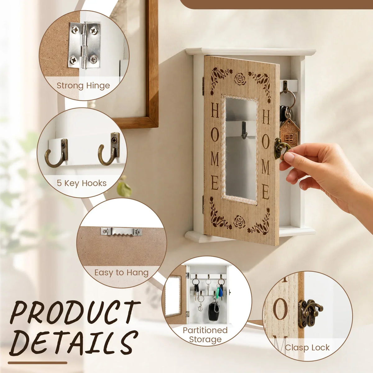 Vintage Wood Wall Key Holder with 5 Hooks | Home Entryway