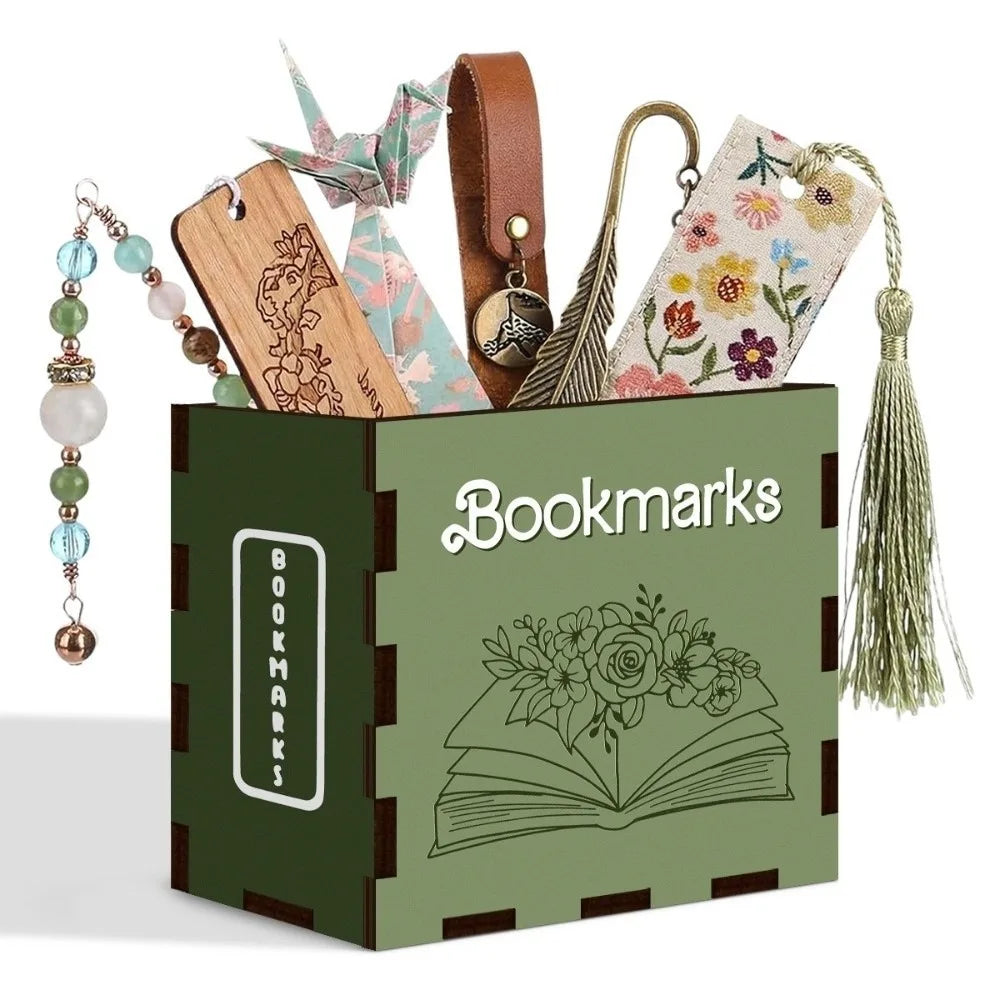 Wood Book-Shaped Bookmark Storage Box & Desk Organizer