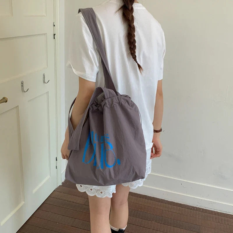Korean Drawstring Nylon Tote Bag | Large Capacity Letter Print