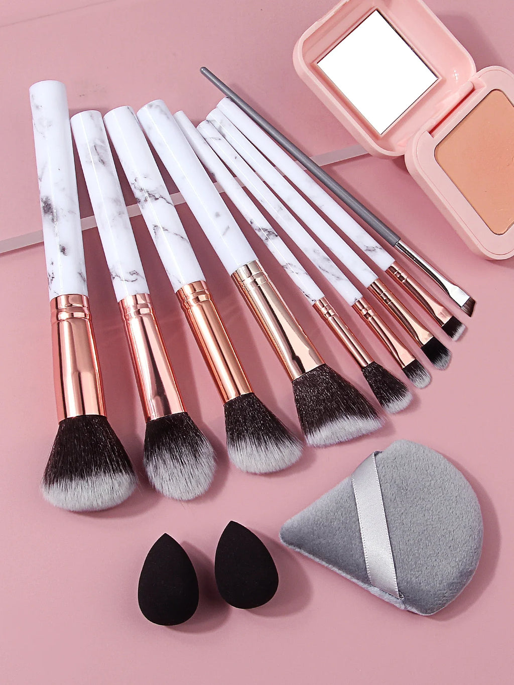 10Pcs Marble Makeup Brush Set with Sponge Puff – Full Kit