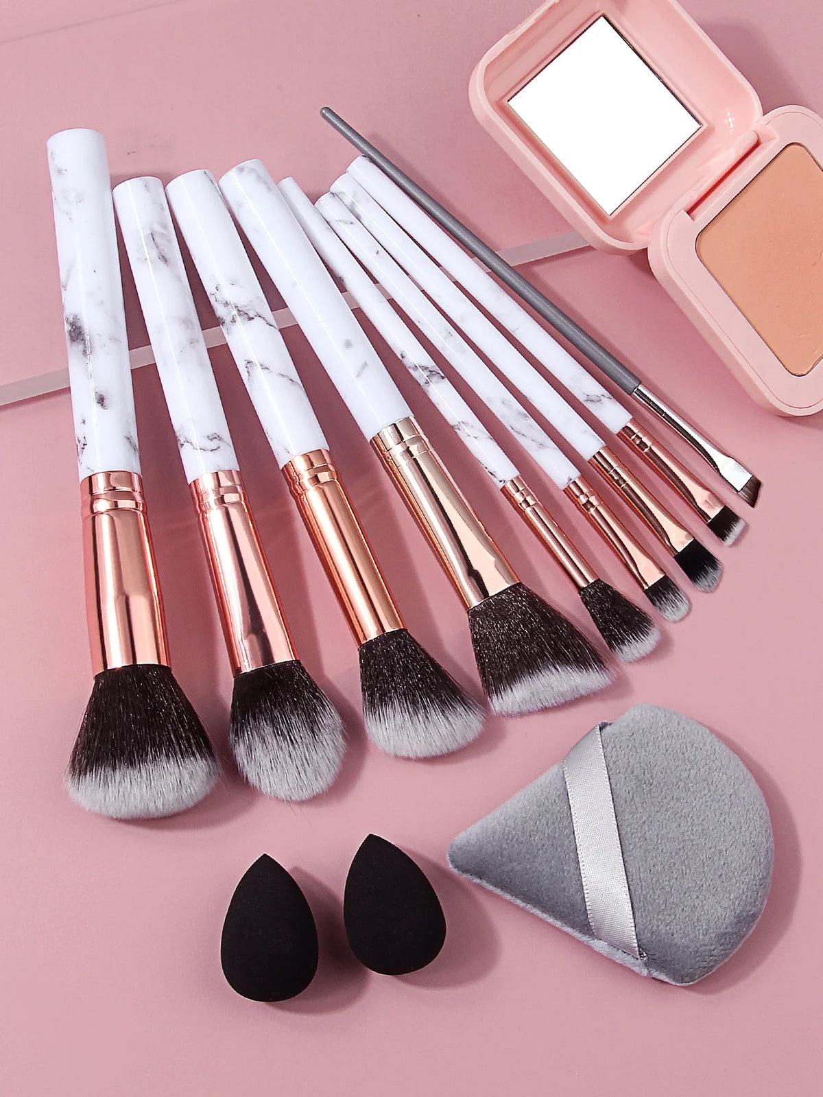 10Pcs Marble Makeup Brush Set with Sponge Puff – Full Kit