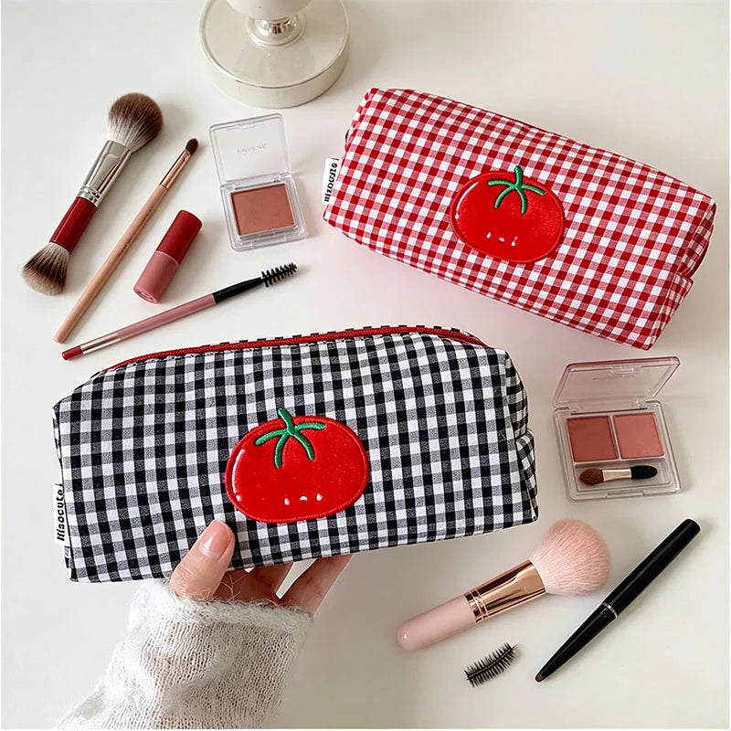 Tomato Embroidery Plaid Makeup Brush Bag & Cosmetic Organizer