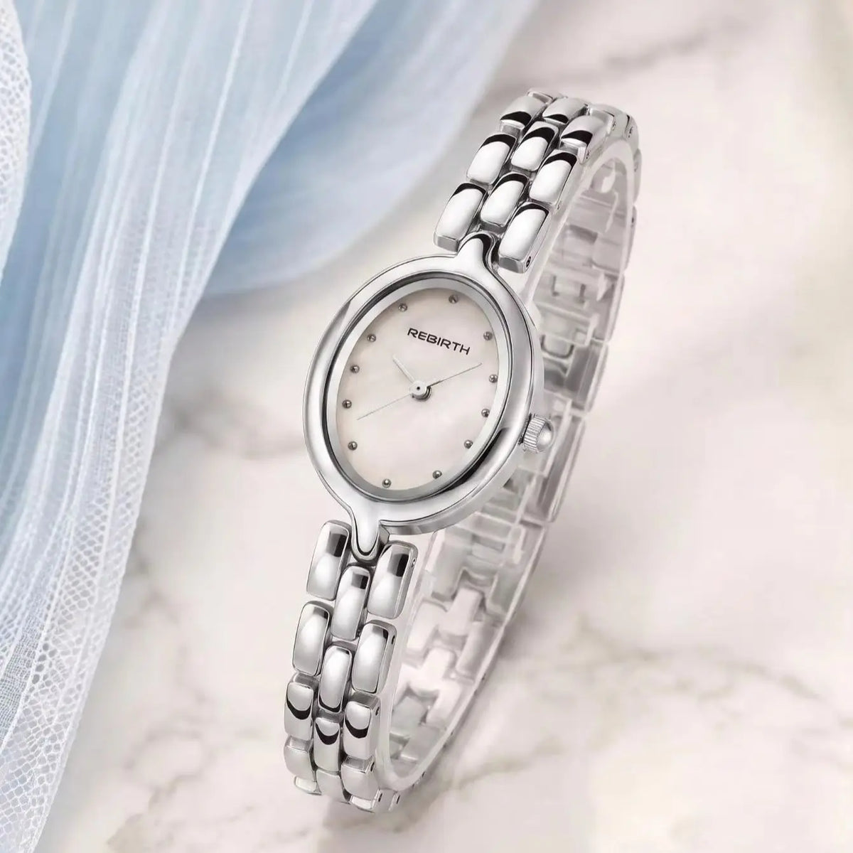 REBIRTH Women's Oval Mother-of-Pearl Quartz Watch | Steel Strap