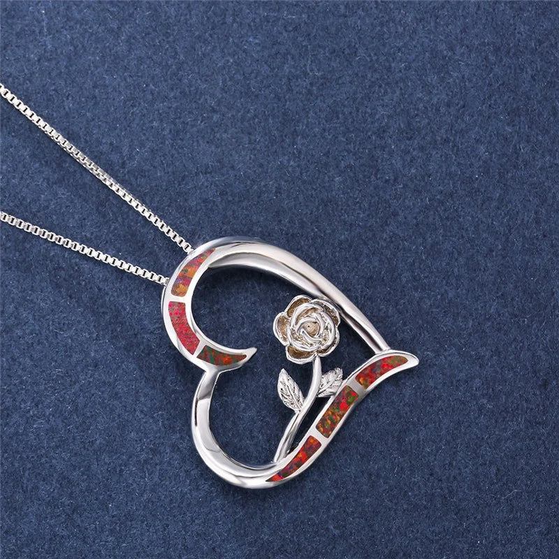 Women's Simulated Opal Rose Heart Pendant Necklace