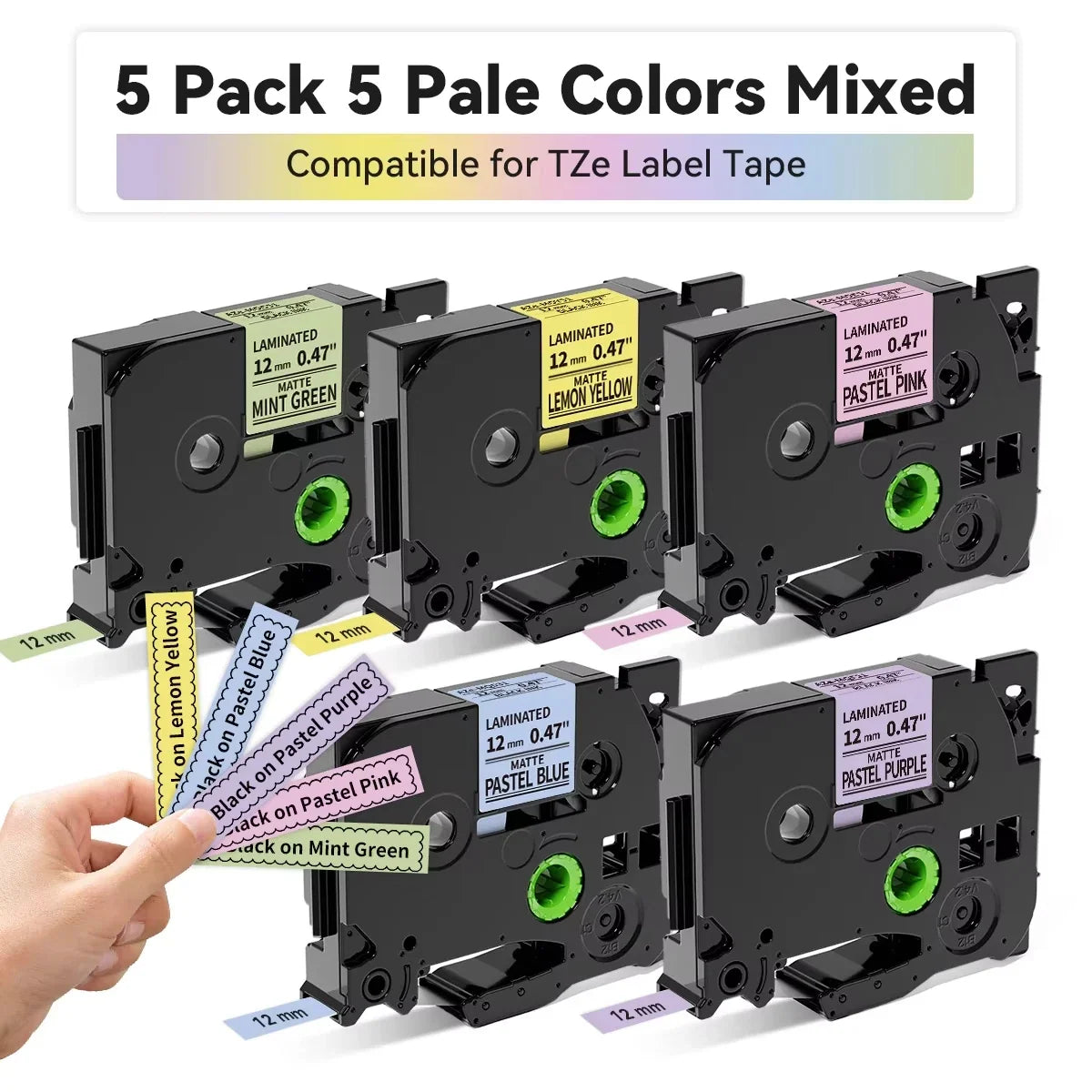 Labelife 12mm Mixed Pale Matte Label Tapes for Brother P-Touch 5-Pack