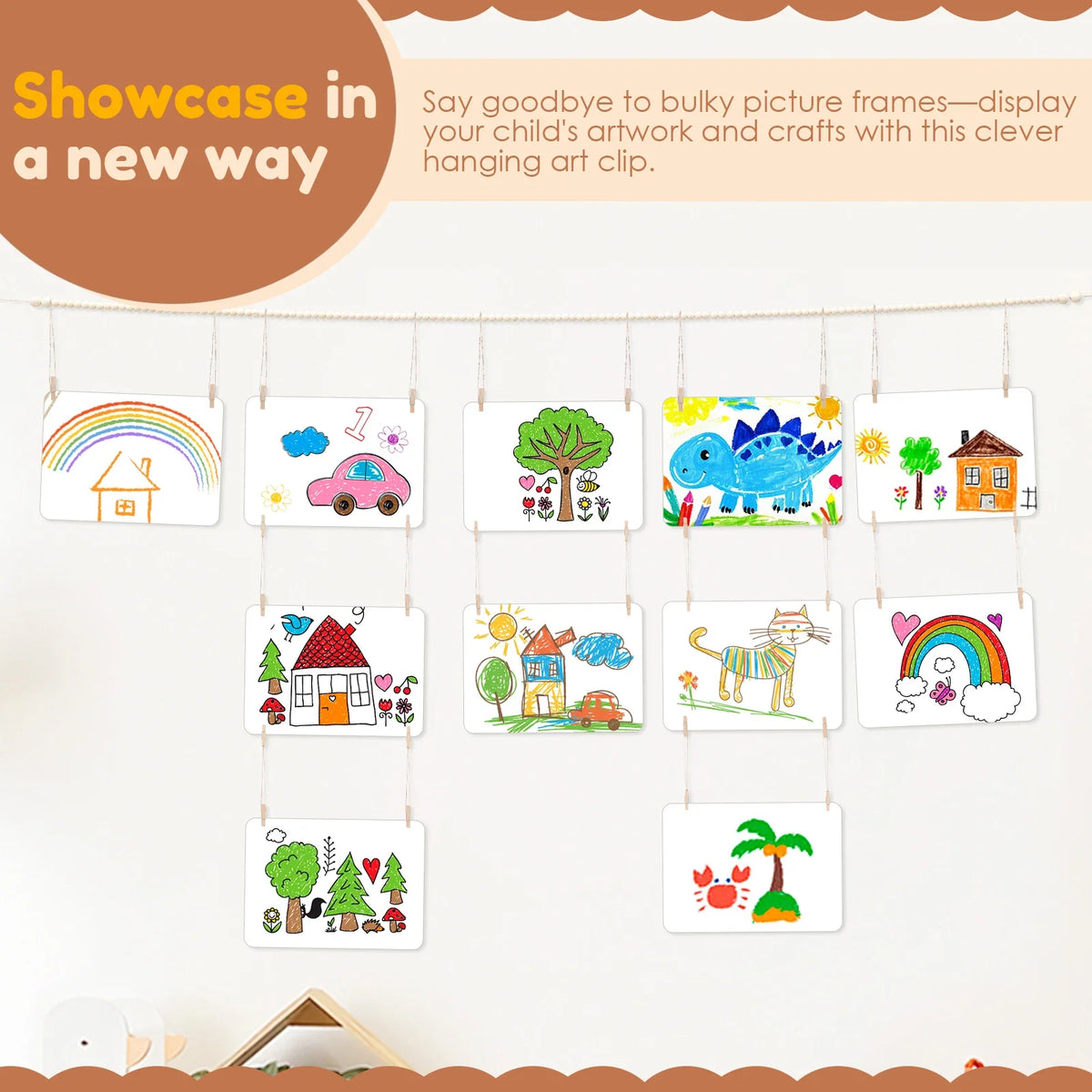 Kids Artwork Display – Wooden Bead Hanging Clip Wall Decor