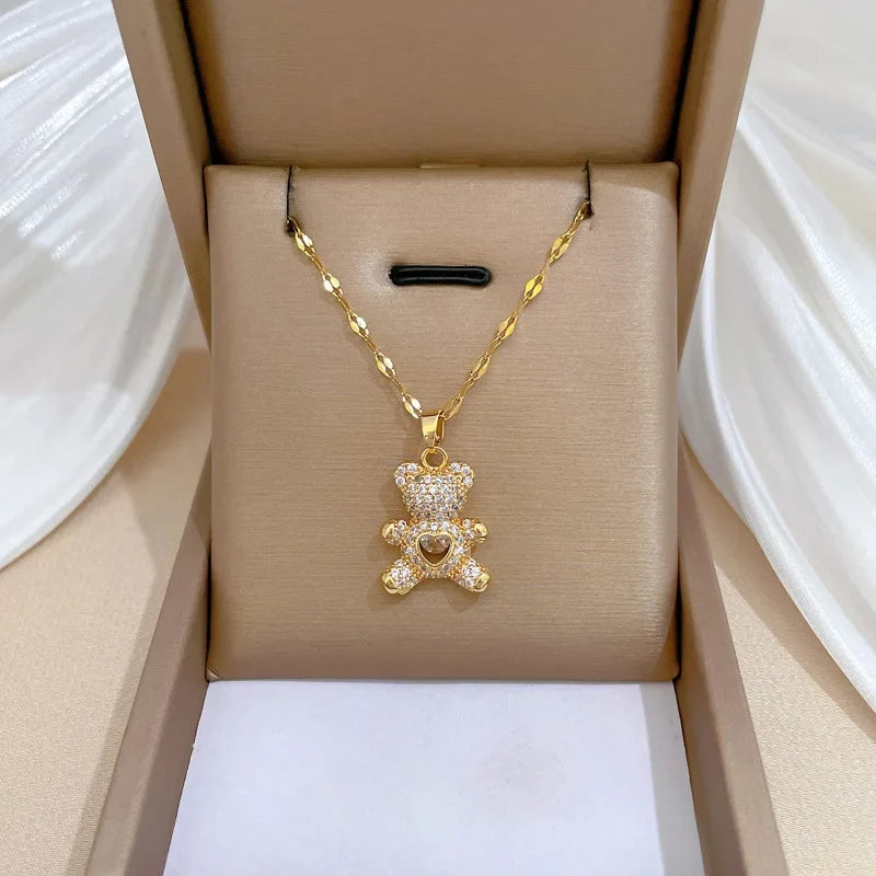 Heart Bear Pendant Gold Choker Necklace – Stainless Steel