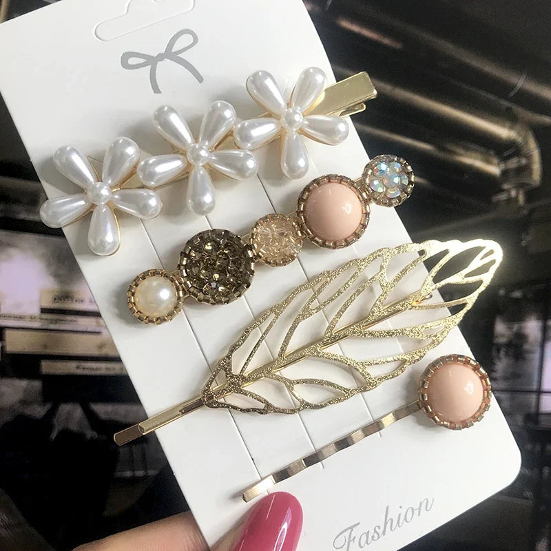Pearl Crystal Hair Clips Set – Korean Geometric Barrettes