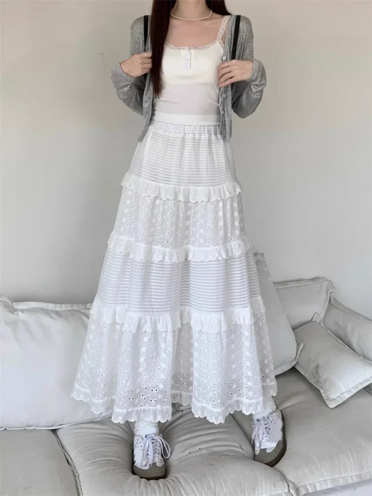 Women's White Lace Ruffle Midi Skirt | High Waist A-Line Ballet