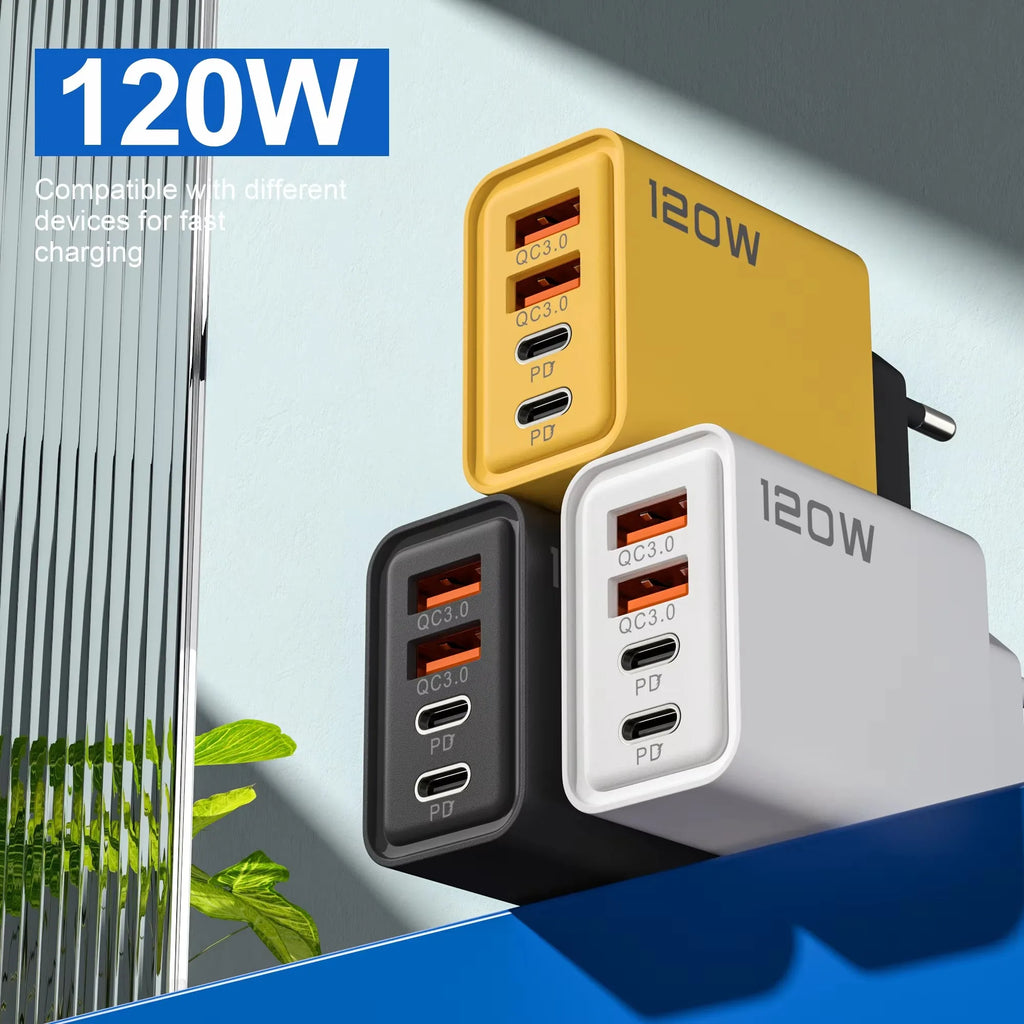 120W 4-Port USB-C PD Fast Charging Adapter for iPhone & Android