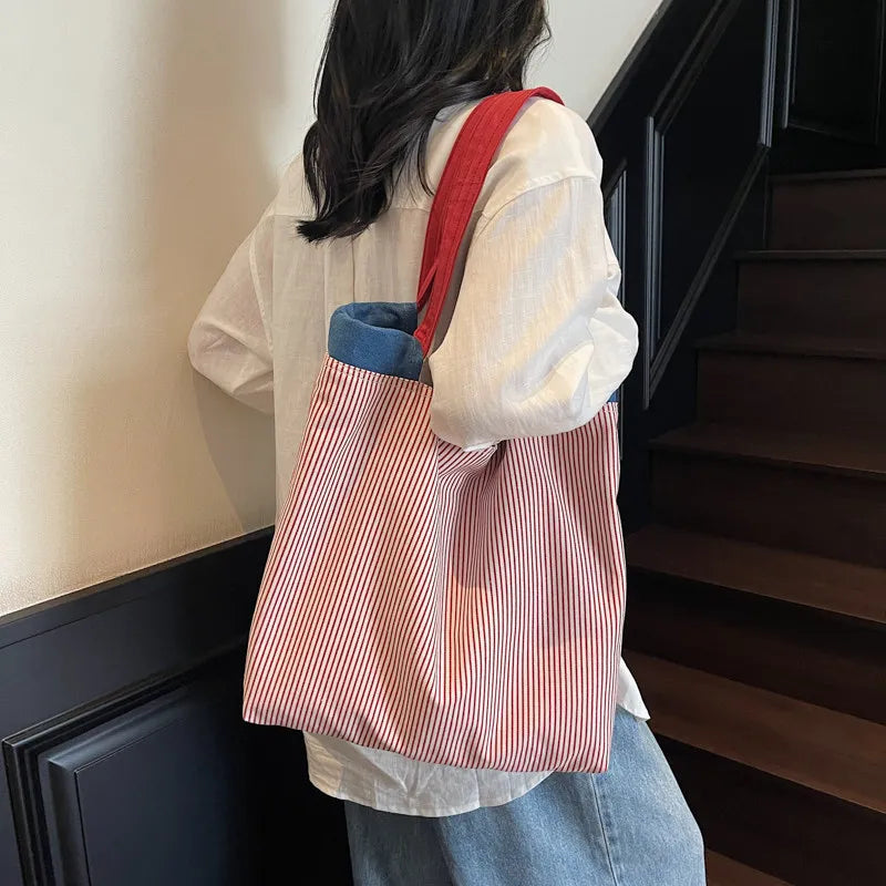 Striped Canvas Tote Bag – Large Color-Block Shoulder Bag