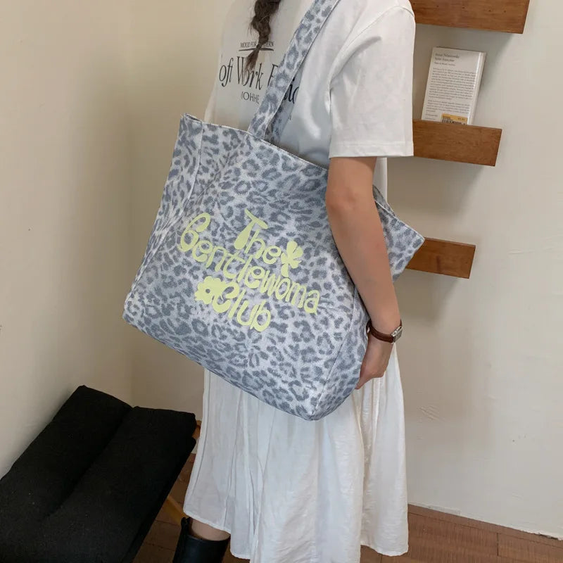 Leopard Print Letter Tote Bag – Large Canvas Shoulder Bag