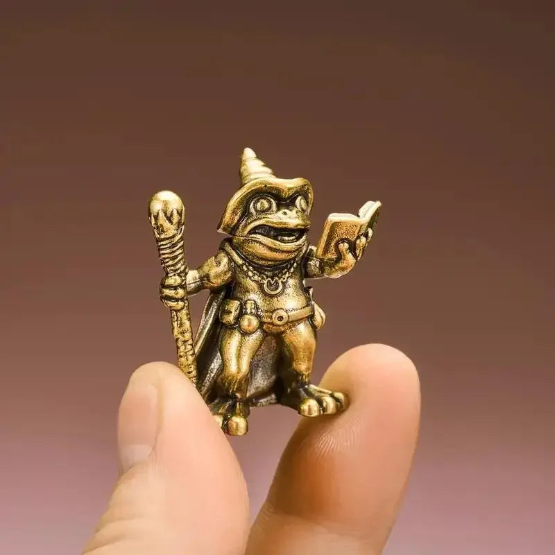 Vintage Brass Frog Wizard Statue – Magic Wand Figurine