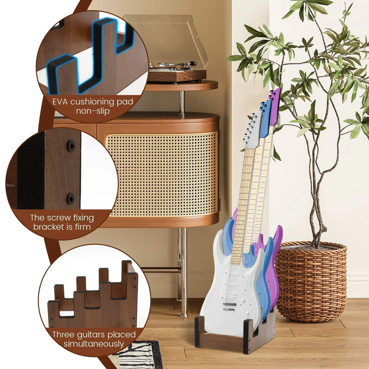 Willstar 3-Guitar Plywood Stand – Non-Slip Electric Bass Rack