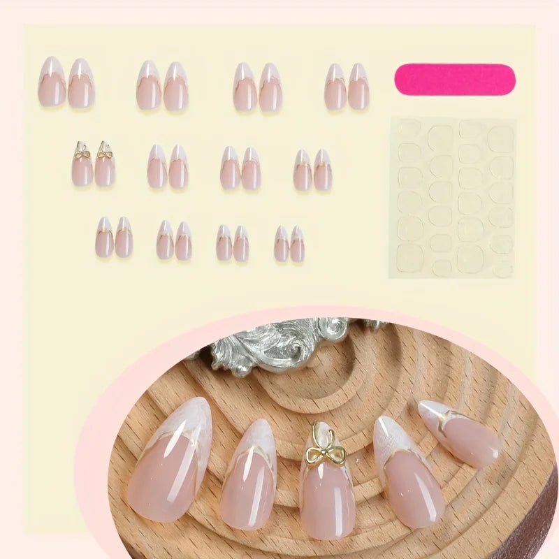 24Pcs White Almond Press-On Nails Gold 3D Bow Gradient | Nixie