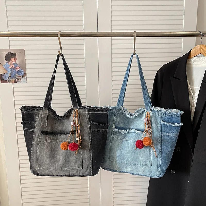 Japanese Washed Denim Tote Bag – Large Women's Shoulder Bag