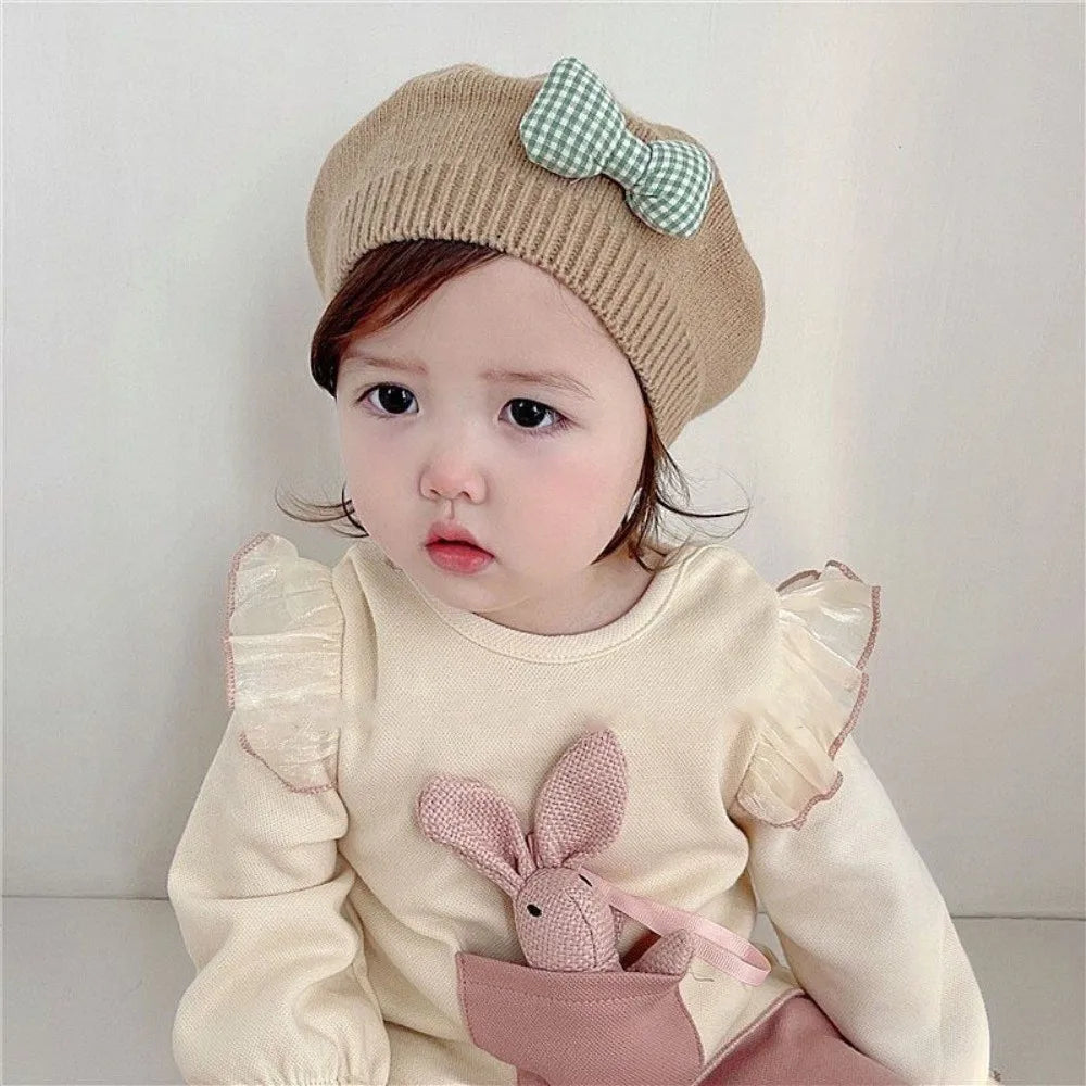Toddler Bowknot Knit Beret Hat – Warm Windproof Beanie 1–3Y