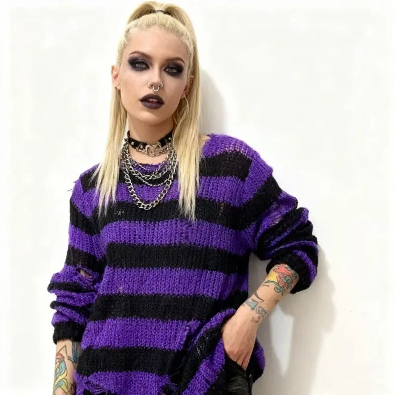 Women's Punk Gothic Oversized Striped Hollow Knit Pullover Sweater