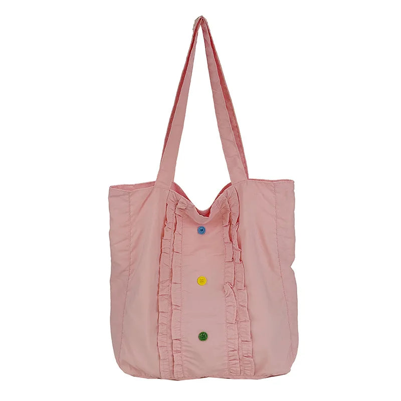 Women's Large Canvas Tote Bag – Lace Trim, Button Detail