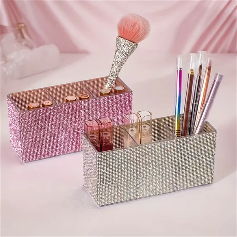 Rhinestone Makeup Brush Organizer – 3-Compartment Acrylic Box