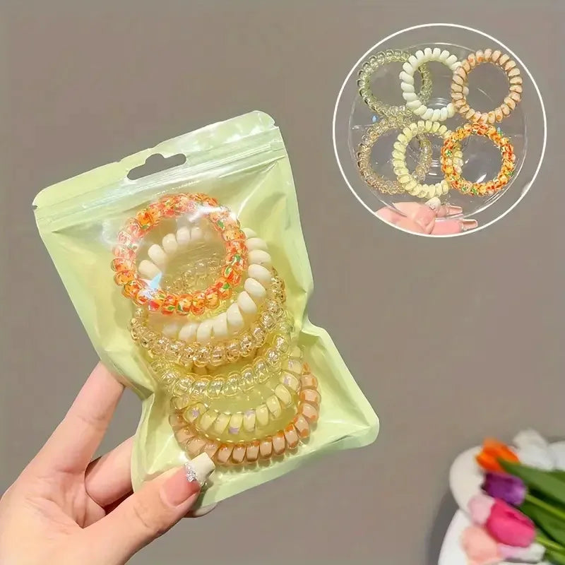 6-Pack Spiral Elastic Hair Ties – Colorful Telephone Wire Bands