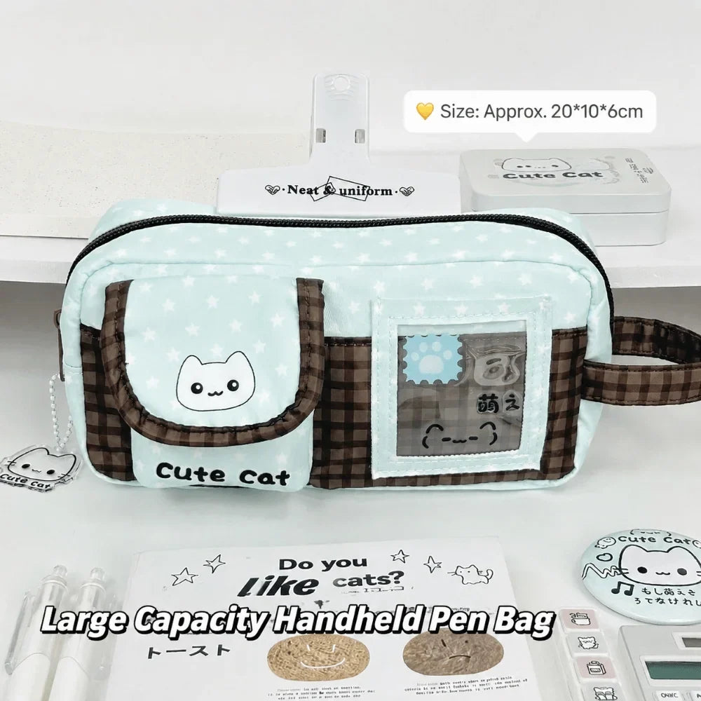 Mint Chocolate Cat Print Pencil Case – Large Capacity