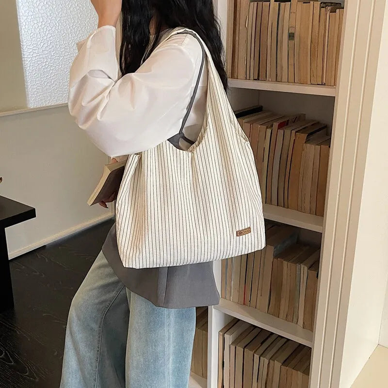 Women's Striped Canvas Tote – Large Crossbody Shoulder Bag