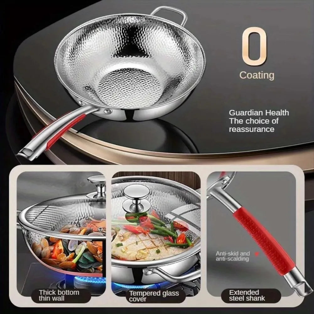 FEB.WIND Uncoated Stainless Steel Wok Flat Bottom Frying Pan