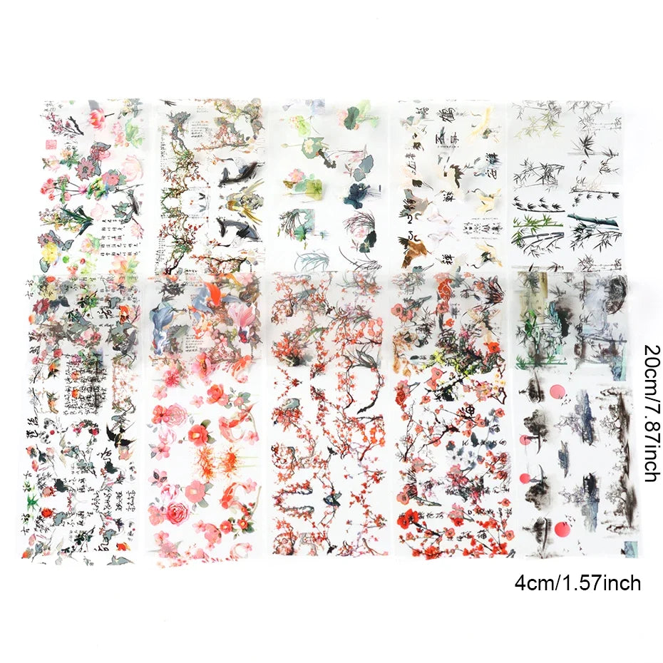 10pcs Asian Ink Art Nail Foil Stickers – Koi, Crane & Bamboo