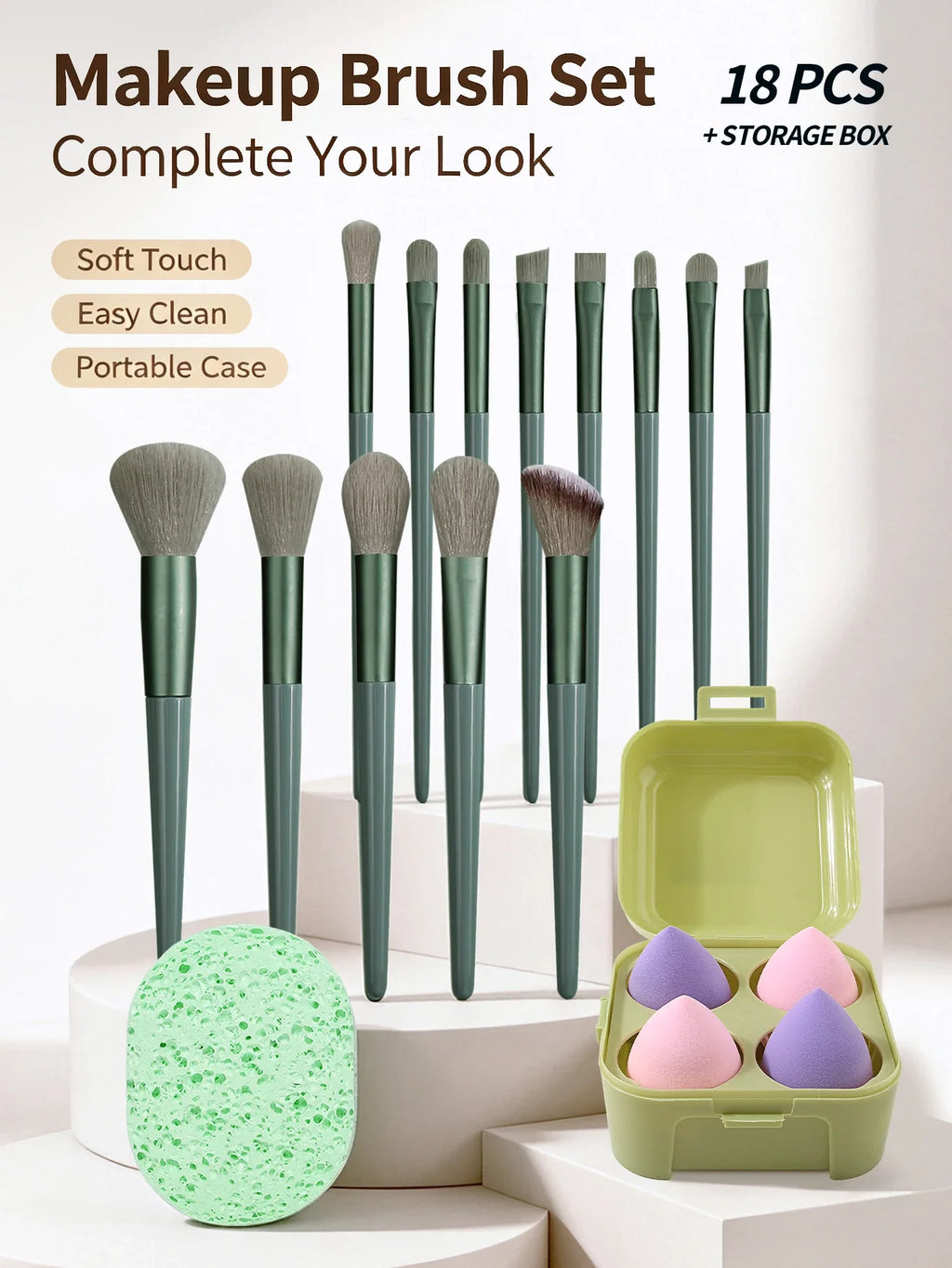 19-Piece Makeup Brush Set With Storage Box, Puffs & Sponge