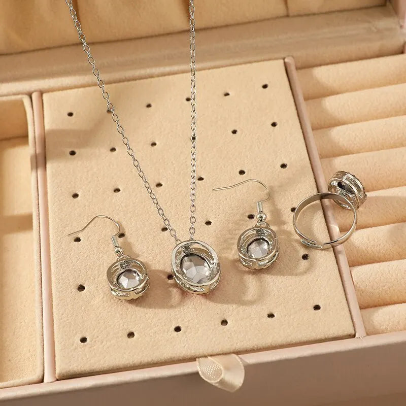 Crystal Oval Jewelry Set – Necklace, Earrings & Ring for Women