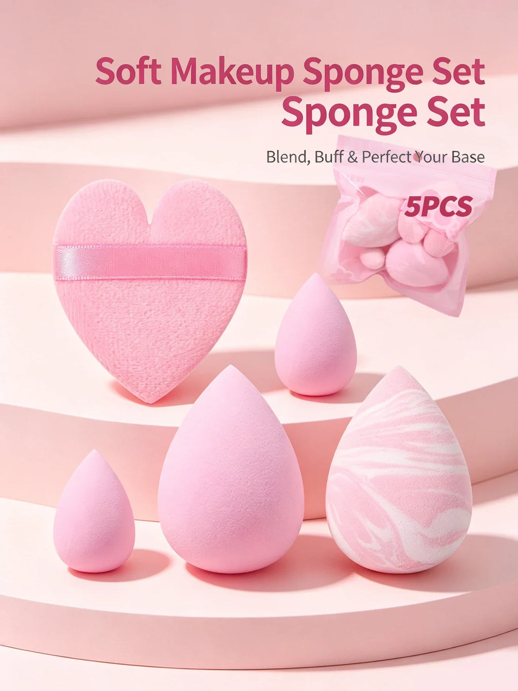 5-Piece Multi-Shape Makeup Sponge Set with Heart Puff