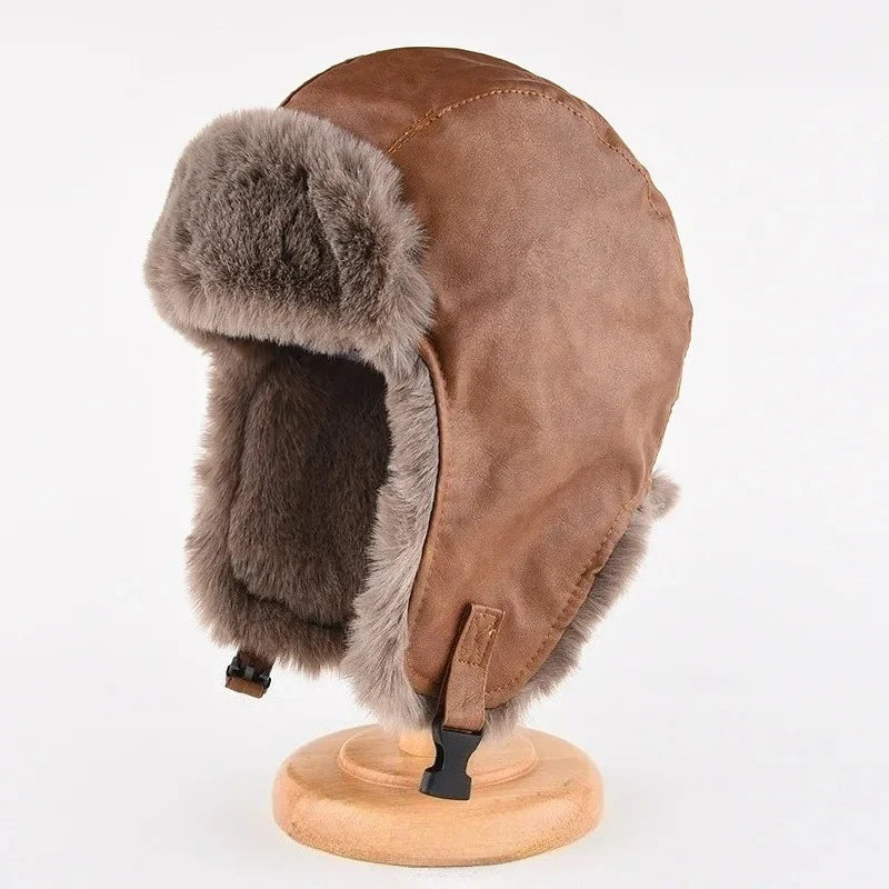 Faux Leather Fur-Lined Bomber Trapper Hat with Ear Flaps