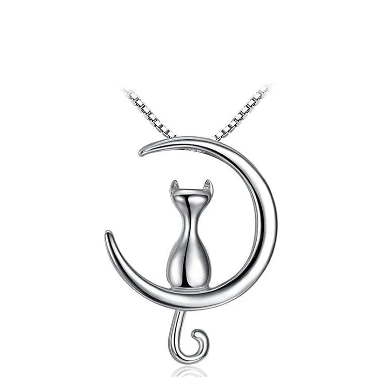 Women's Moon Cat Pendant Necklace | Celestial Gift Jewelry