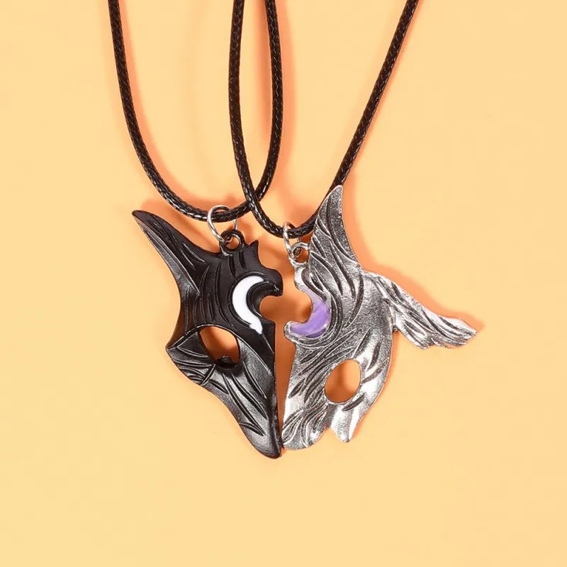 2PCS Silver Sheep & Wolf Couple Pendant Necklace Set