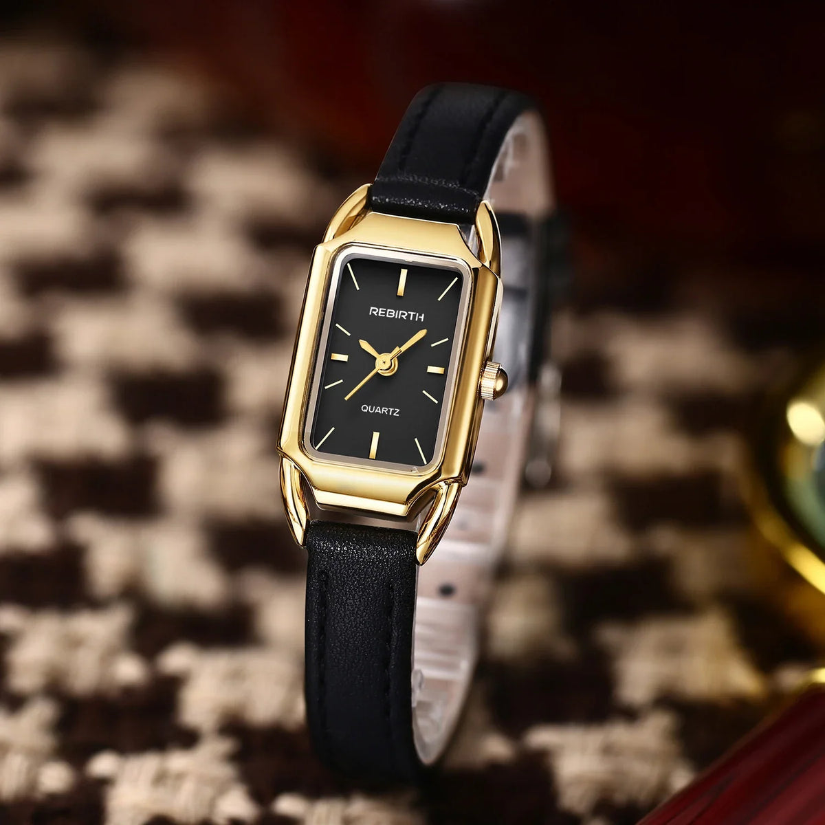 REBIRTH Women's Retro Leather Strap Quartz Watch | Rectangle Dial