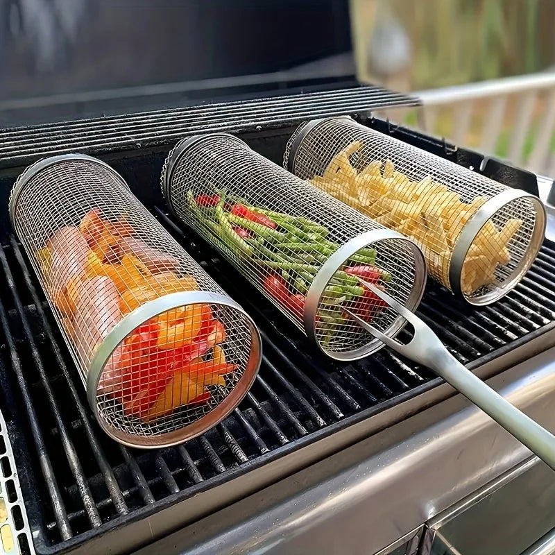 2pc Stainless Steel Rolling Grill Basket Set | BBQ Cylinder Mesh