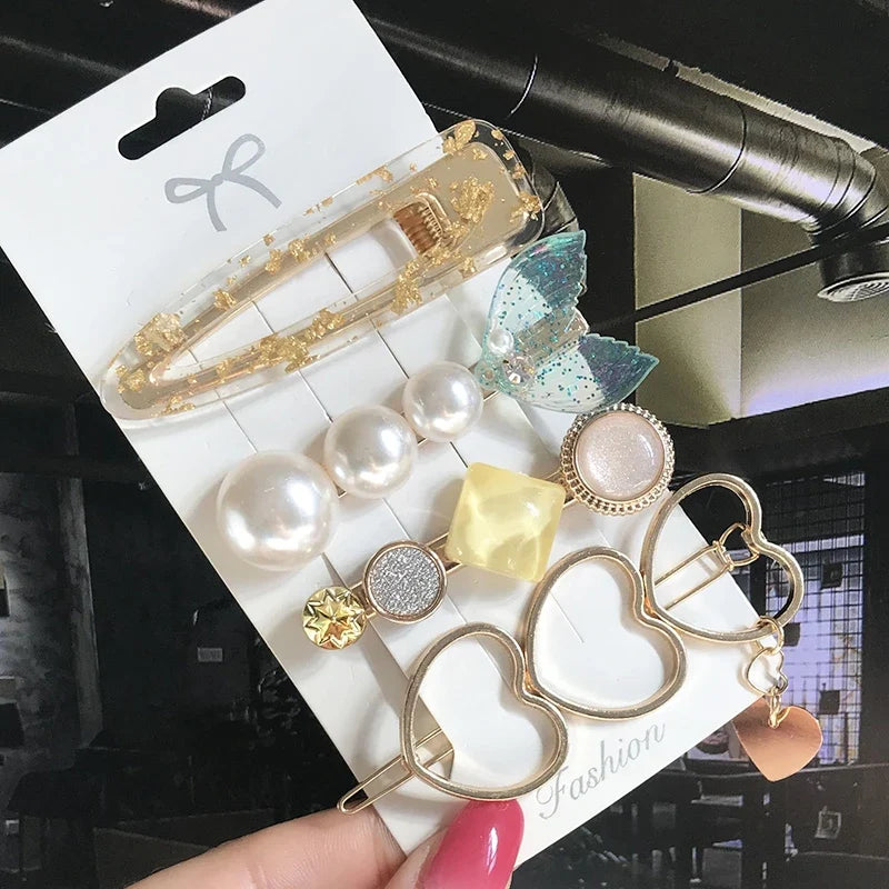 Pearl Crystal Hair Clips Set – Korean Geometric Barrettes