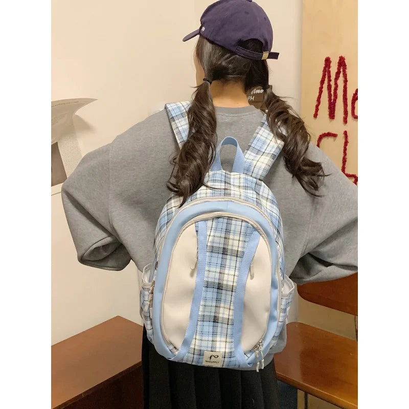 Korean Style Plaid School Backpack – Lightweight Large Capacity