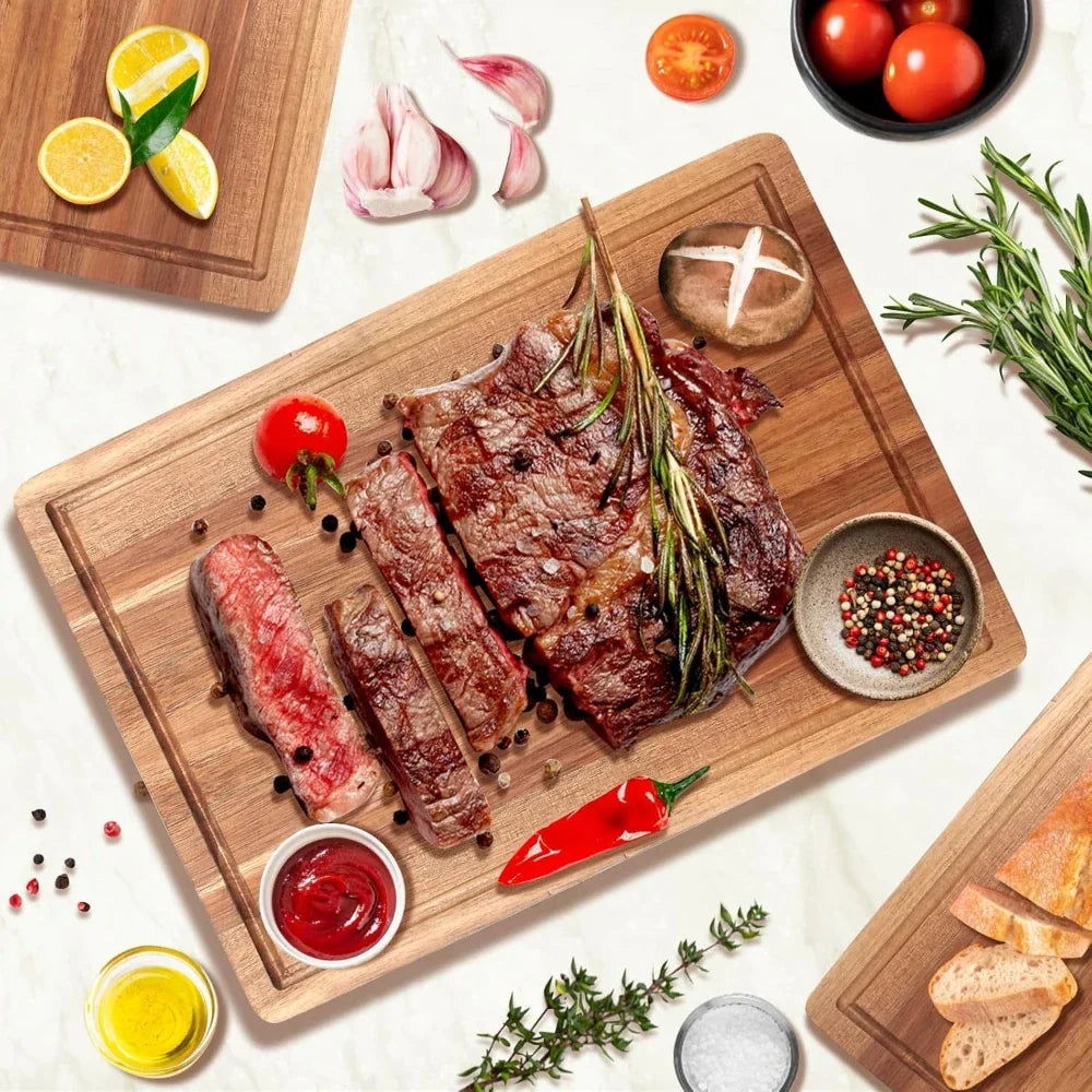 Wooden Cutting Board with Juice Grooves – Kitchen Chopping Tray