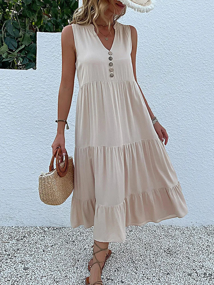 Women's Sleeveless V-Neck Ruffle Midi Sundress | SAILASIDIYA